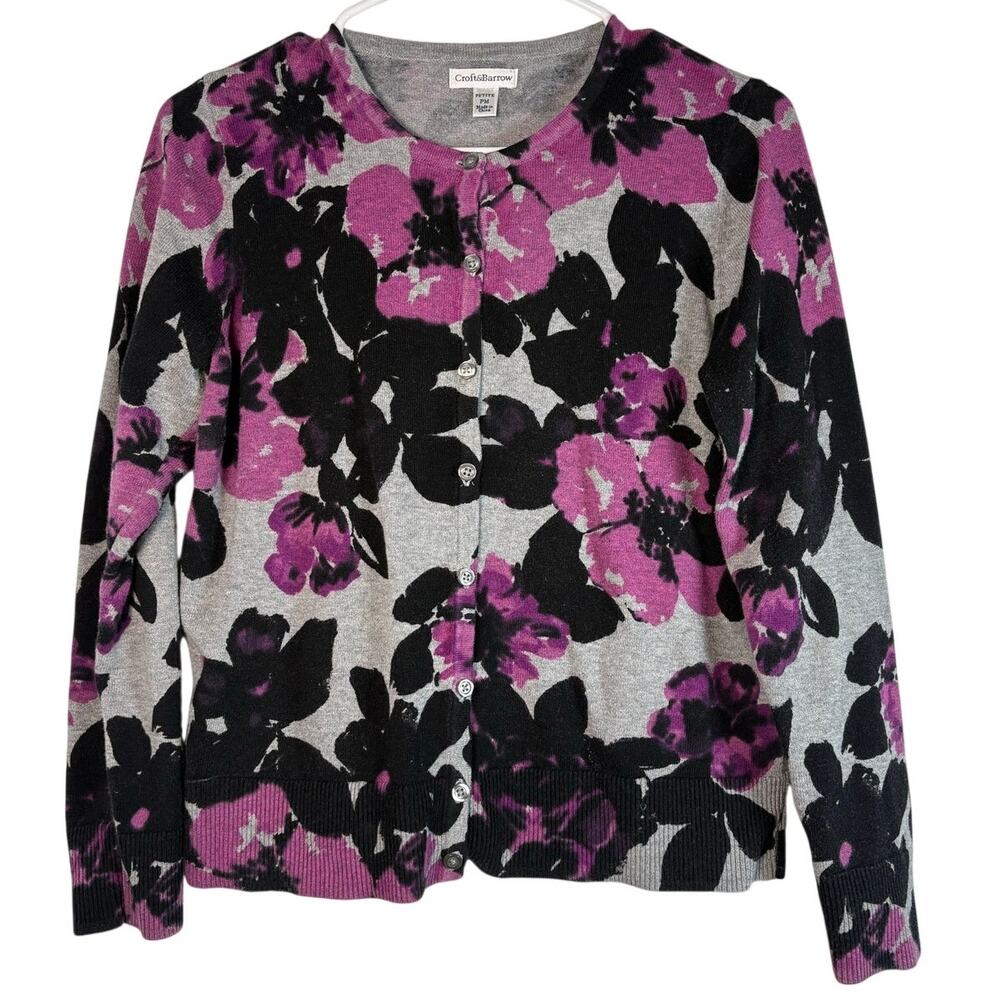 Croft & Barrow Floral Cardigan Sweater Gray Purple Knit Button Front Petite M